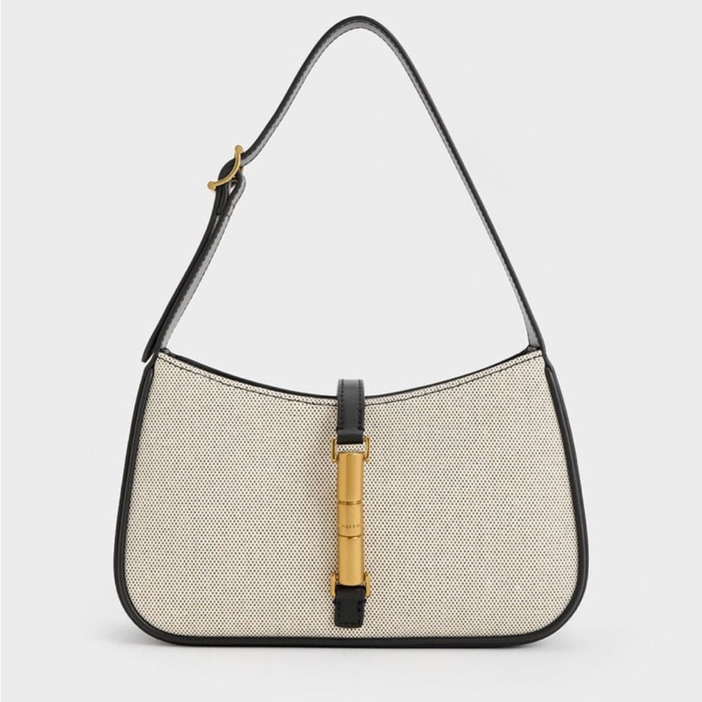 Charles & Keith Cesia Canvas Metallic Accent Shoulder Bag - Black